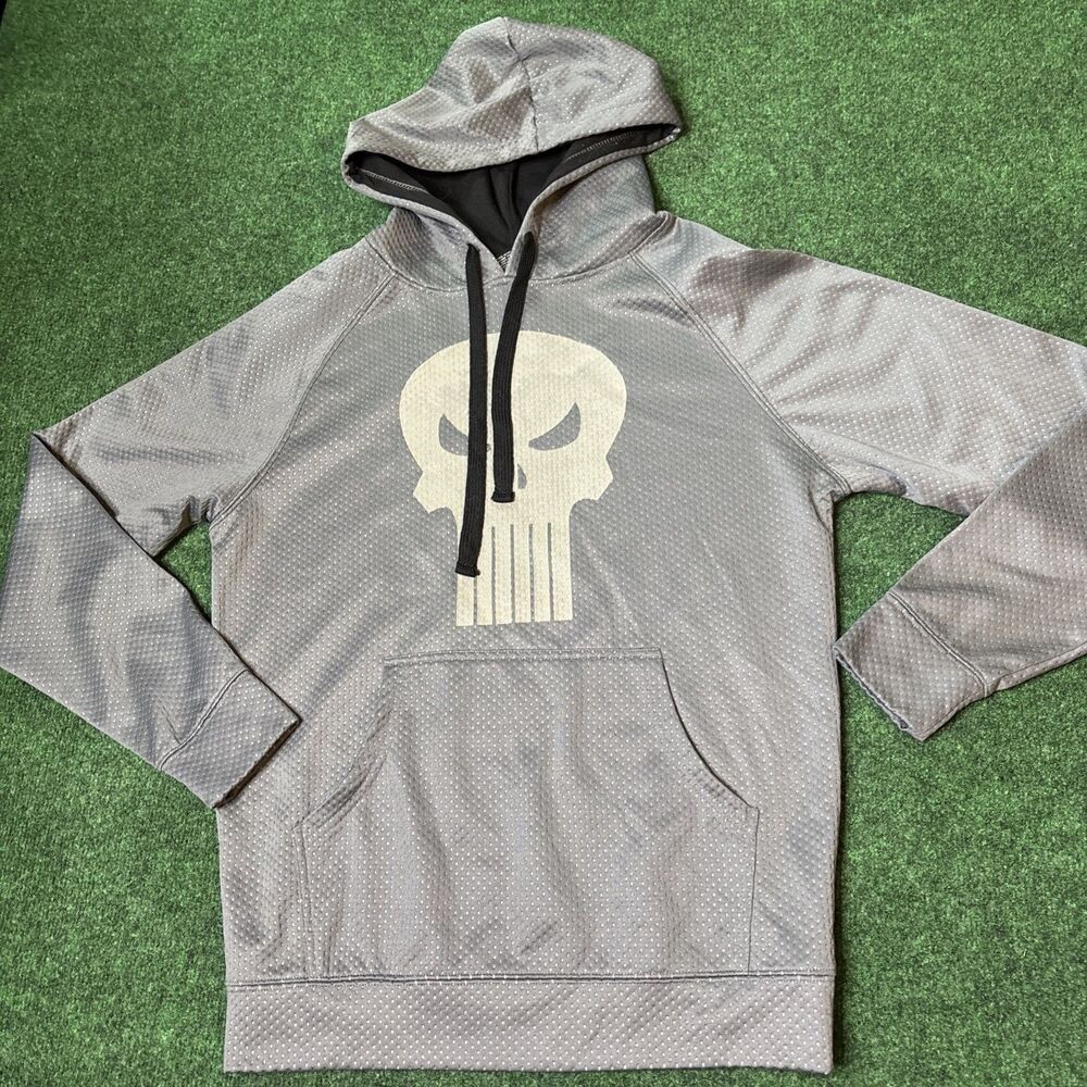 Marvel Punisher Skull Logo Gray Pullover Hoodie Small Textured